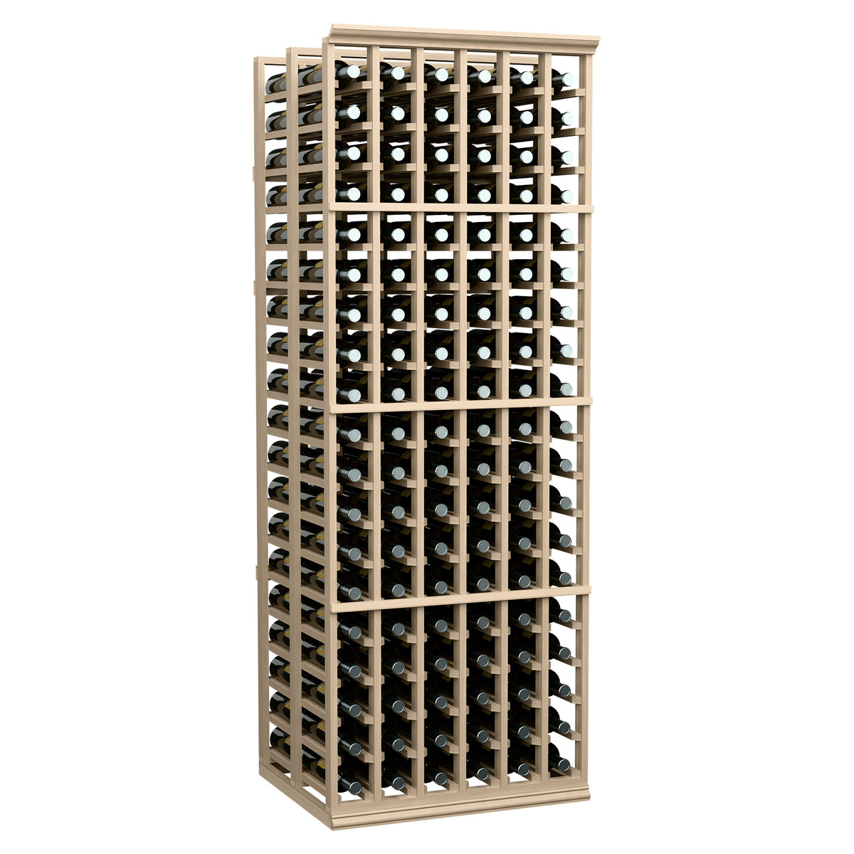 Wine bottle storage rack, light wood frame with multiple rows of bottles