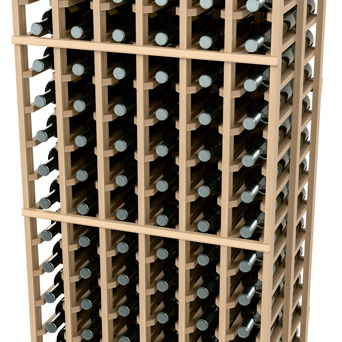 Wine rack close-up: light wood grid with bottle necks in each row