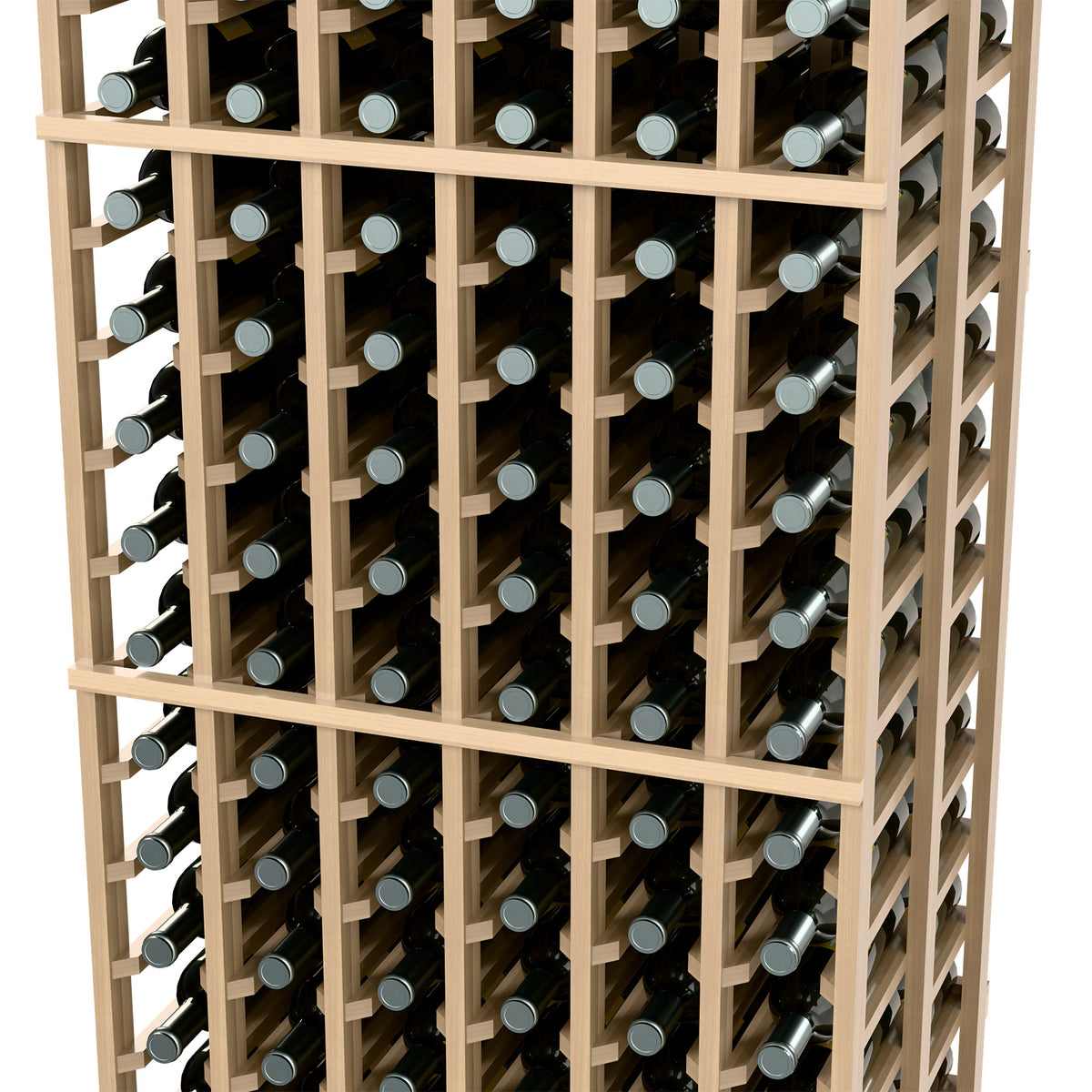 Wine rack close-up, light wood shelves holding bottles by the necks