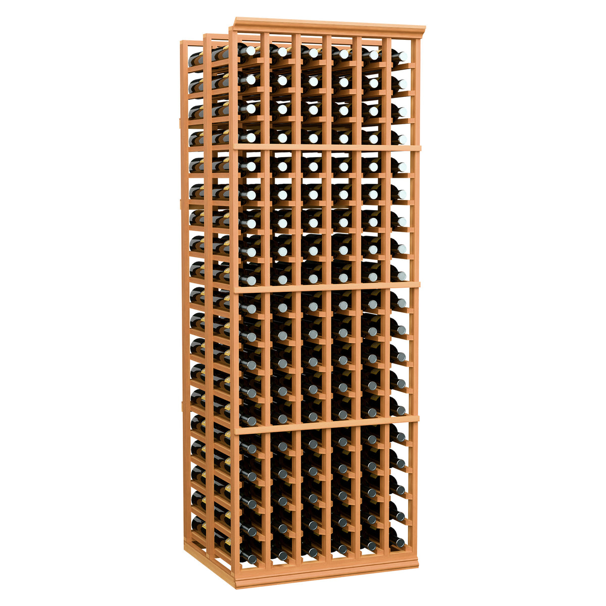 Wine bottle storage rack, red-toned wood frame with multiple rows of bottles