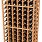 Wine rack close-up: red-toned wood grid with bottle necks in each row