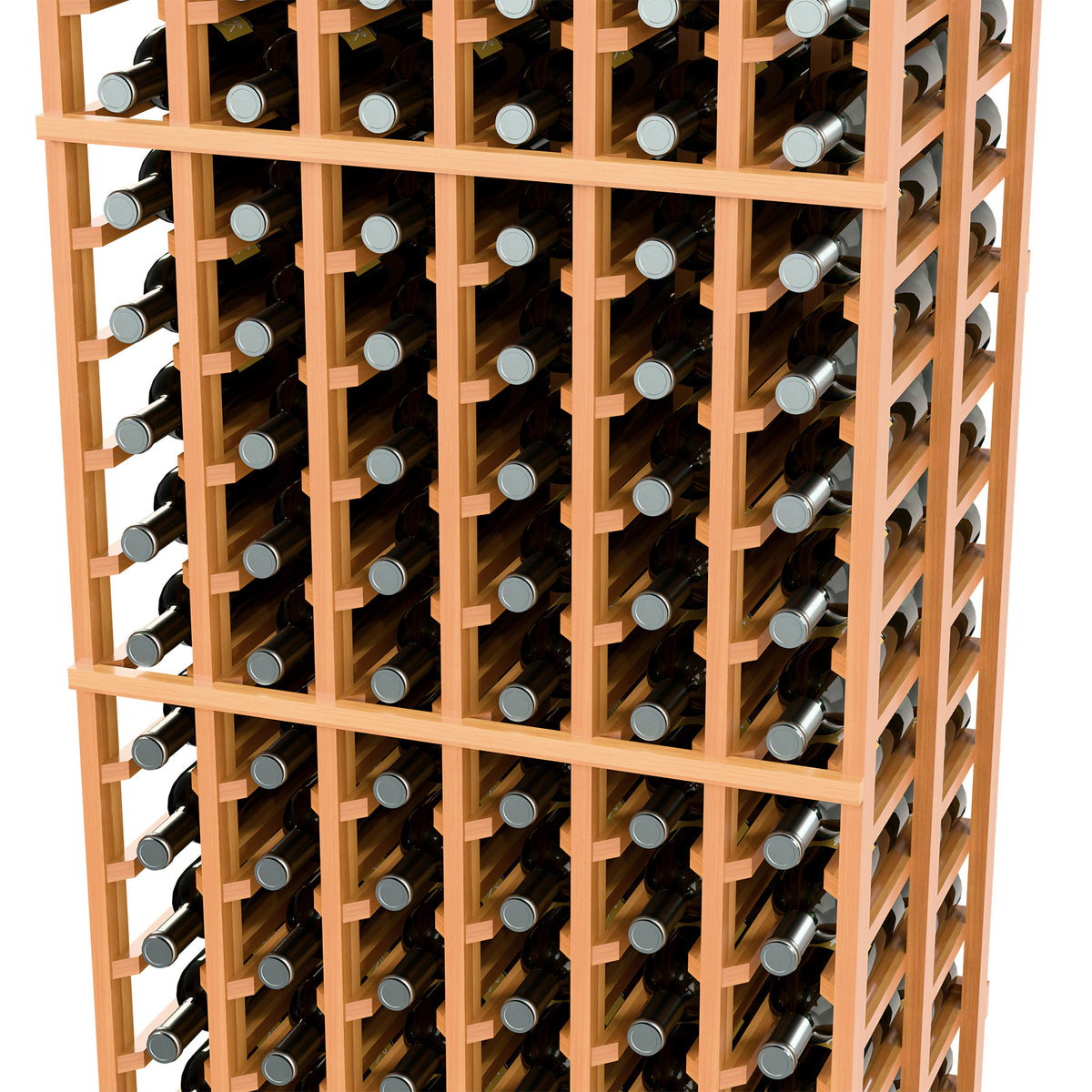 Wine rack close-up, red-toned wood shelves holding bottles by the necks