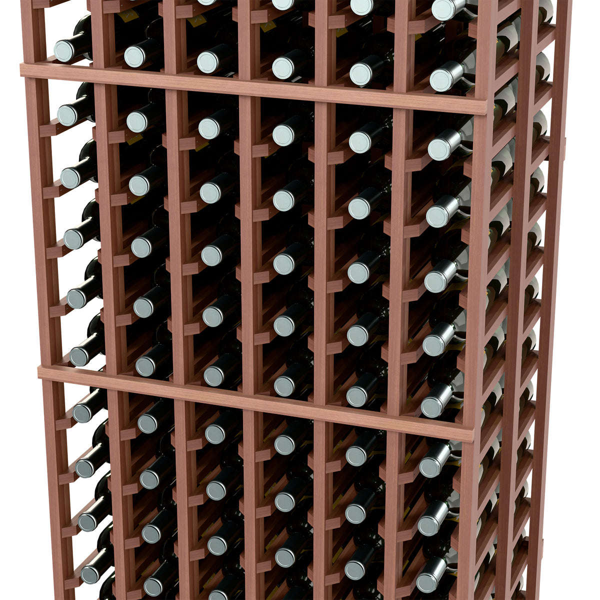 Wine rack close-up: dark wood grid with bottle necks in each row