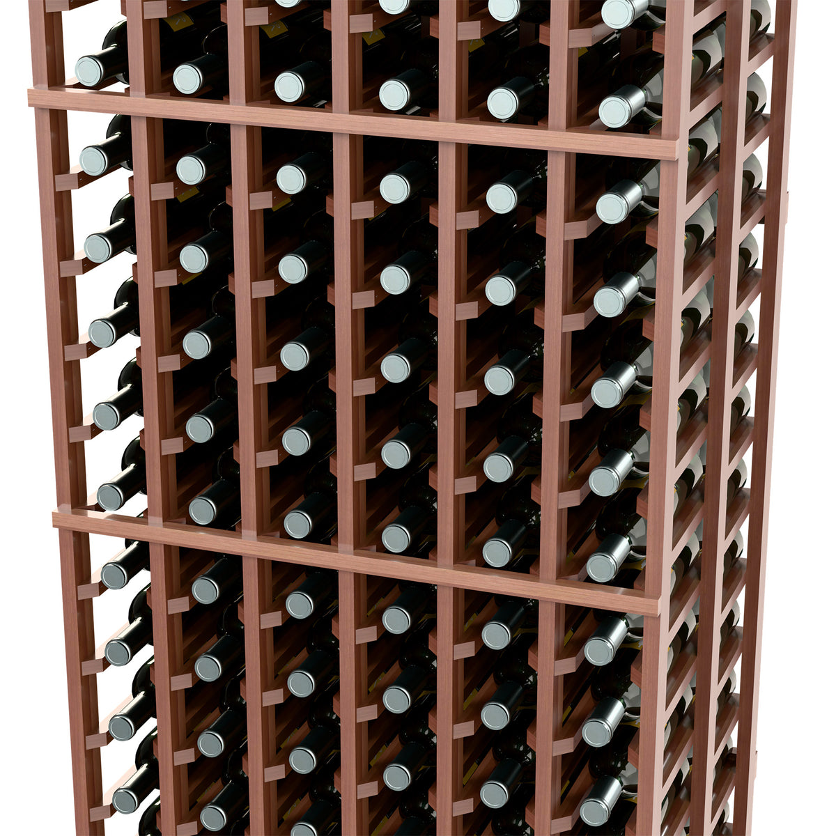 Close-up of double deep wooden wine rack with dark bottles and bottle grid