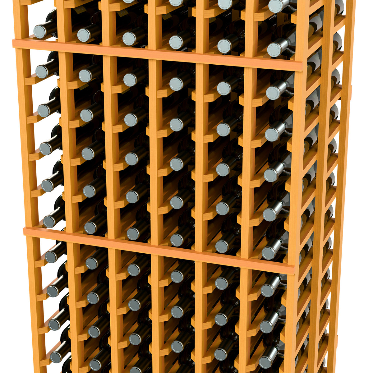 Close-up of double deep wooden wine rack with light yellow frame and bottle slots