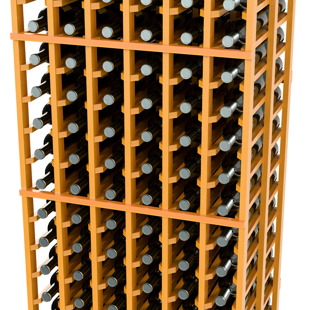 Close-up of double deep wooden wine rack with light yellow frame and bottles