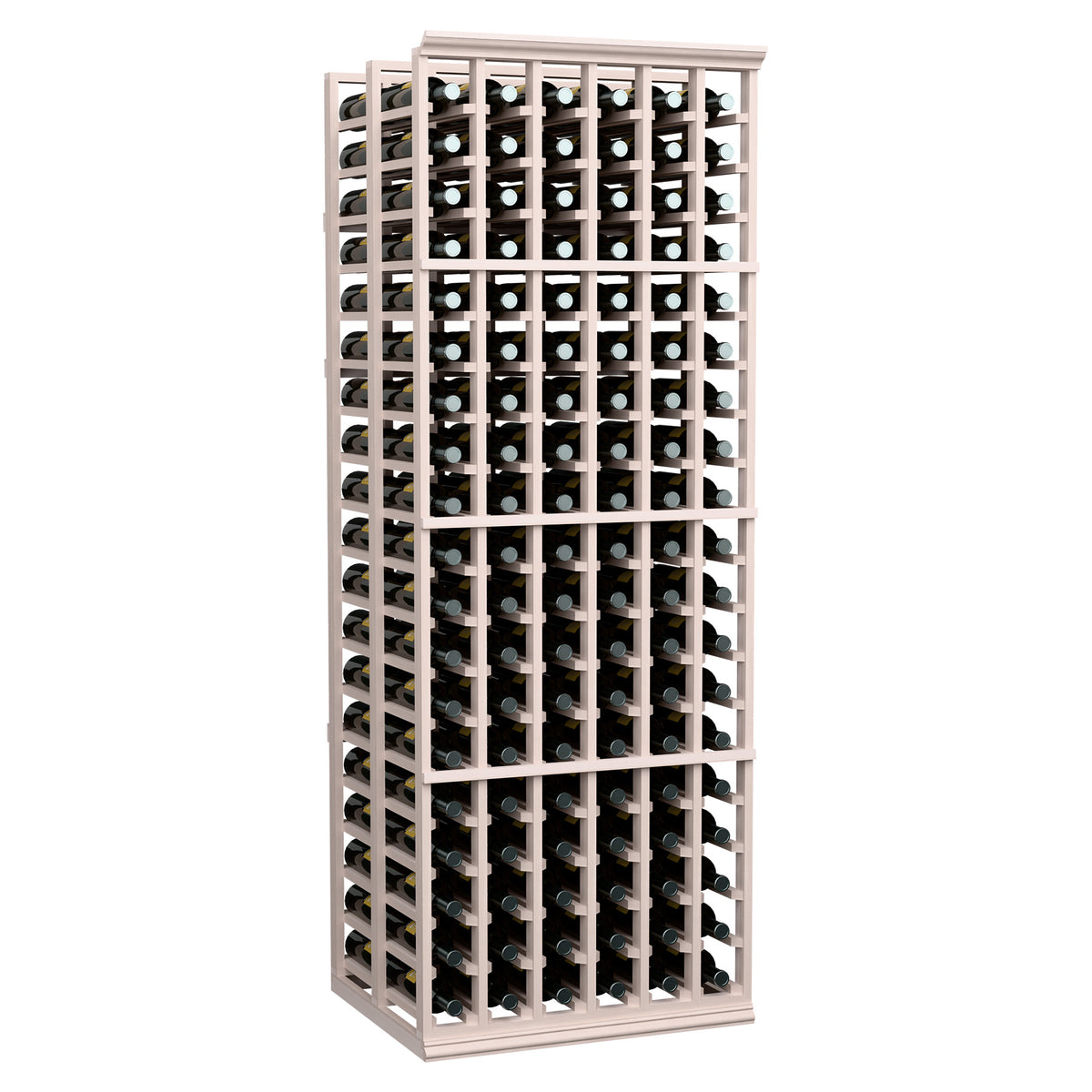 Double deep wooden wine bottle rack with light gray frame and 6 columns