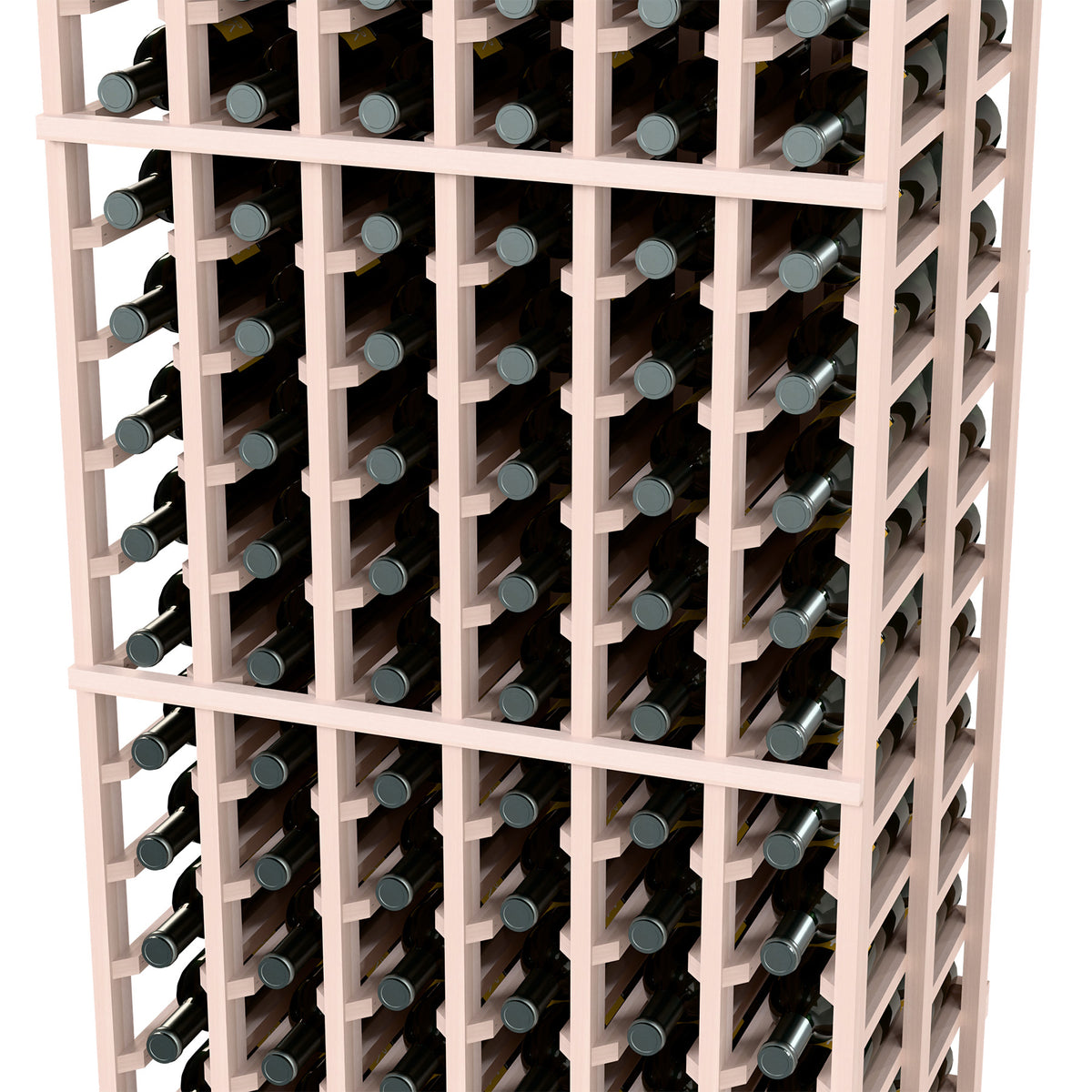 Close-up of double deep wooden wine rack with light gray frame and bottle grid