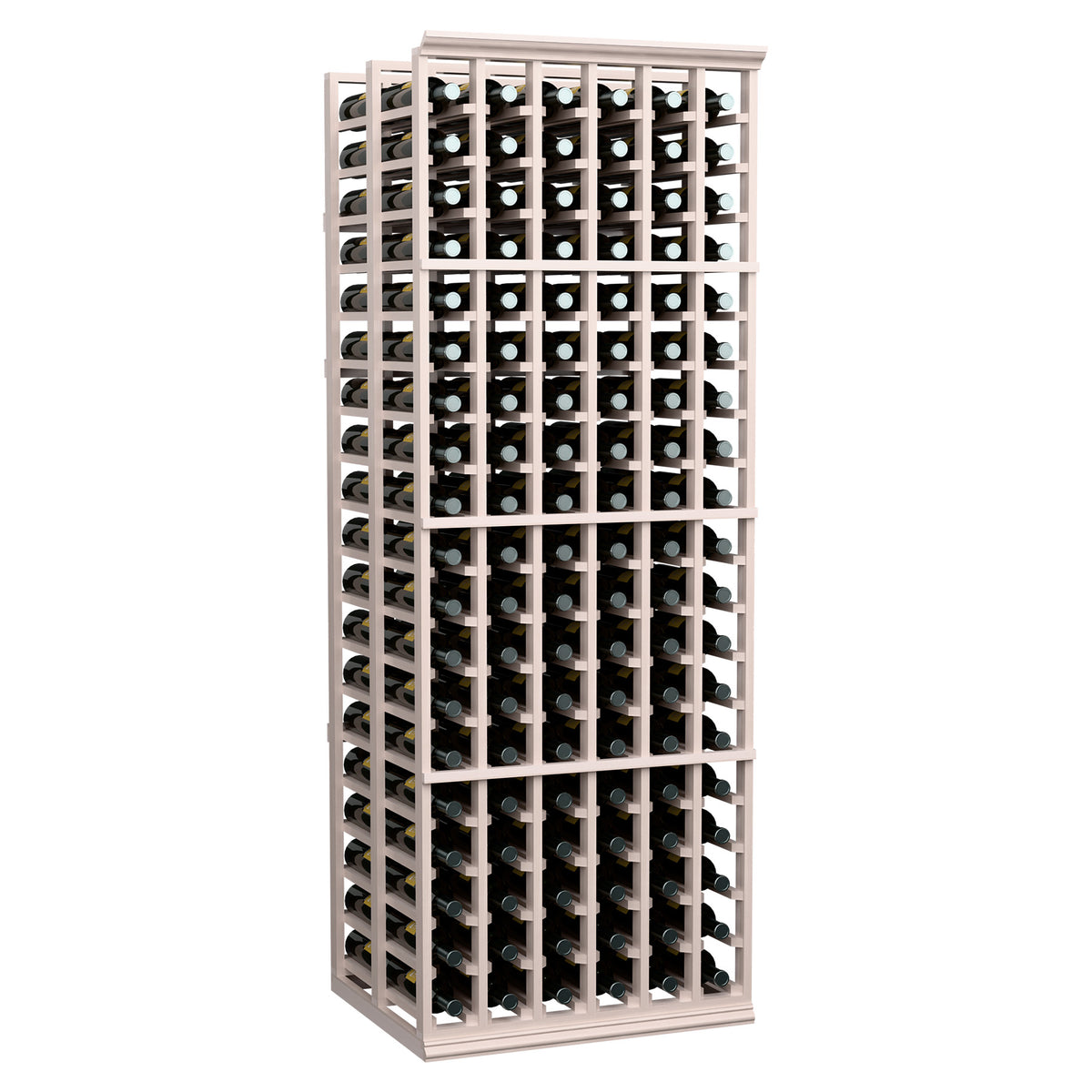Double deep wooden wine bottle rack with light gray frame and 6 columns
