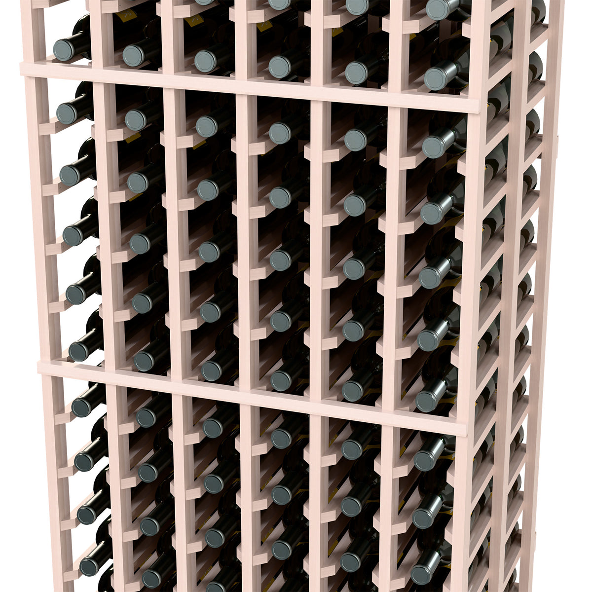 Close-up of double deep wooden wine rack with light gray frame and wine bottles