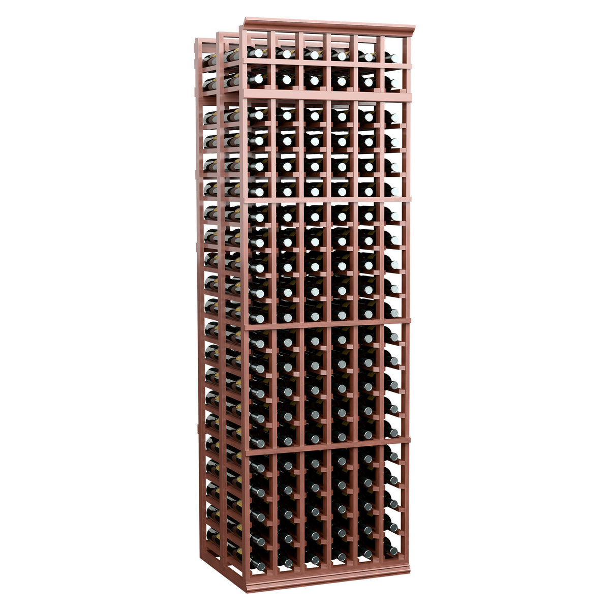 6-column double deep wine rack with warm reddish wood frame and grid bottle storage