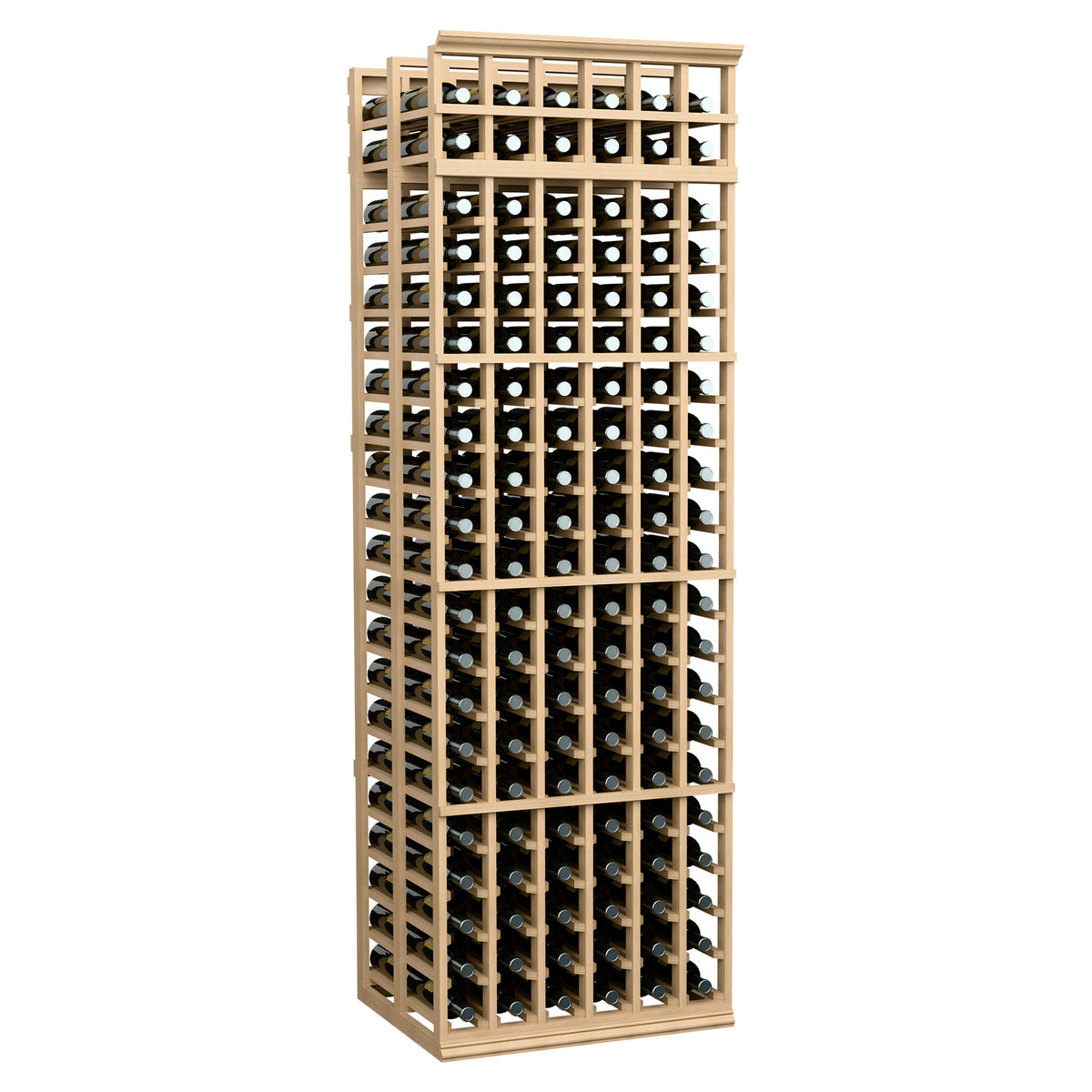 6-column double deep wine rack with light wood frame and bottle storage grid