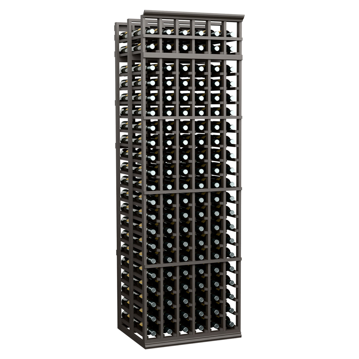 6-column double deep wine rack with dark metal frame and stacked bottle holder squares