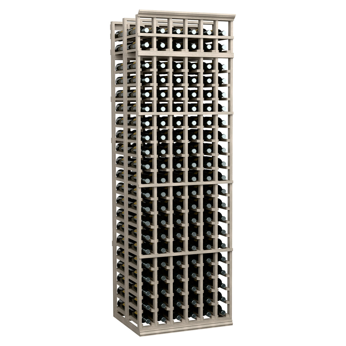 6-column double-deep wine rack with black bottle slots and light gray wood frame