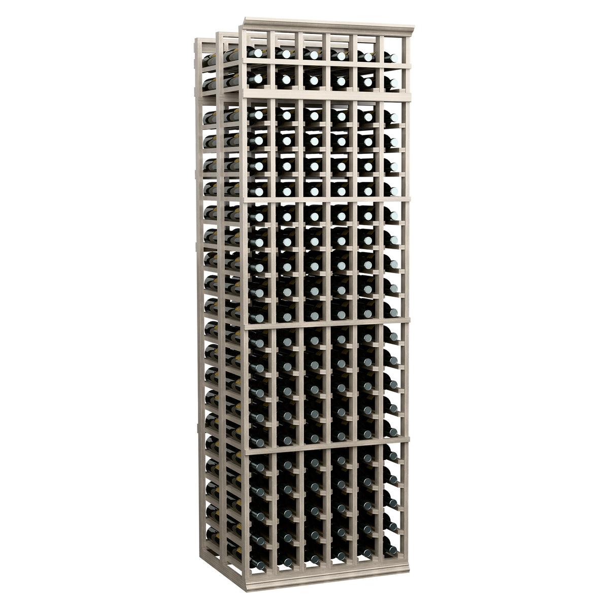 6-column double-deep wine rack with black bottle slots and light gray wood frame