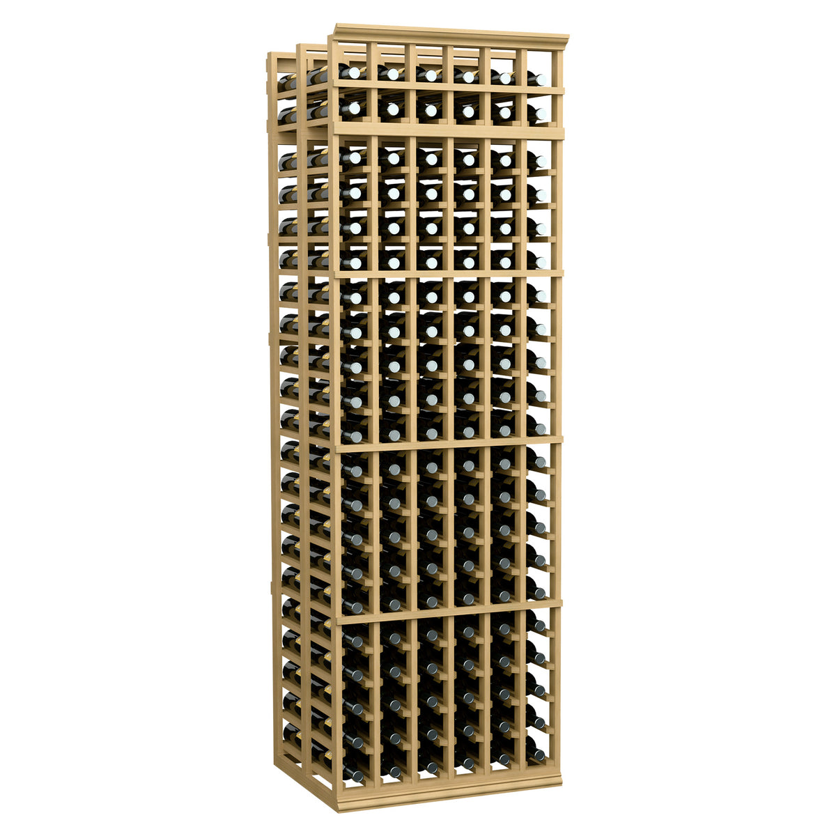 6-column double-deep wine rack with dark bottle slots and natural wood frame