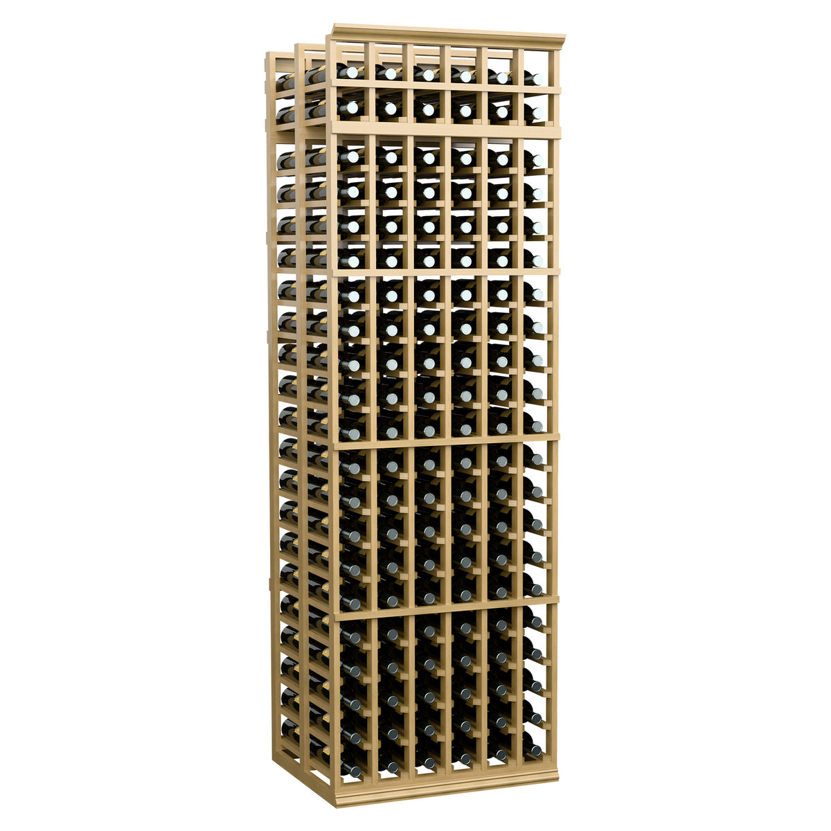 6-column double-deep wine rack with dark bottle slots and natural wood frame