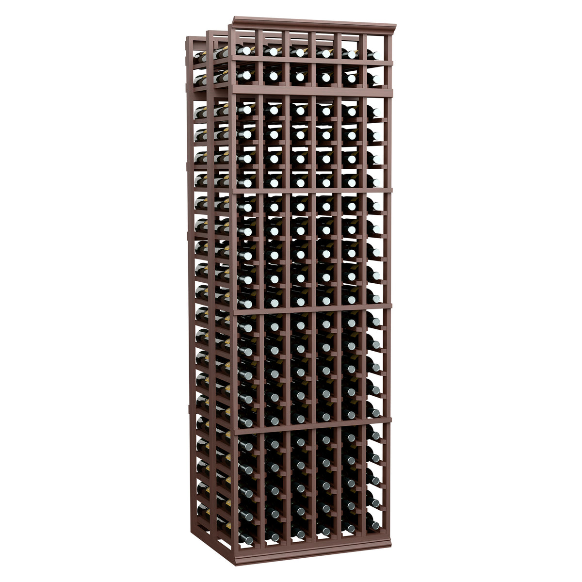 6-column double-deep wine rack with dark bottle slots and walnut-brown wood frame