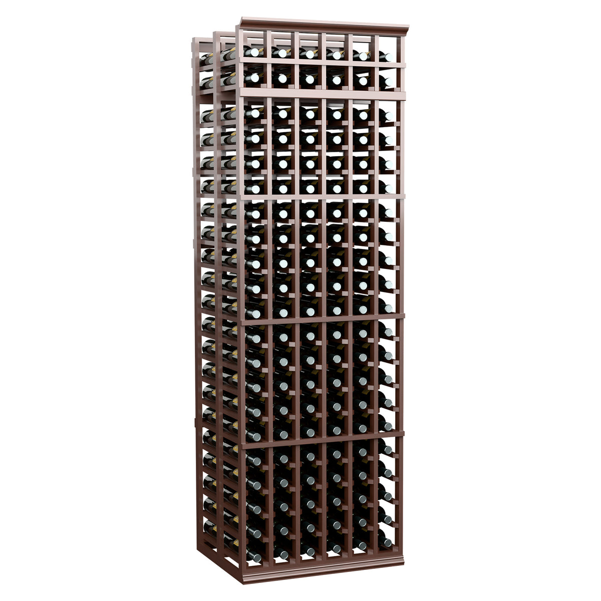 6-column double-deep wine rack with dark bottle slots and walnut-brown wood frame