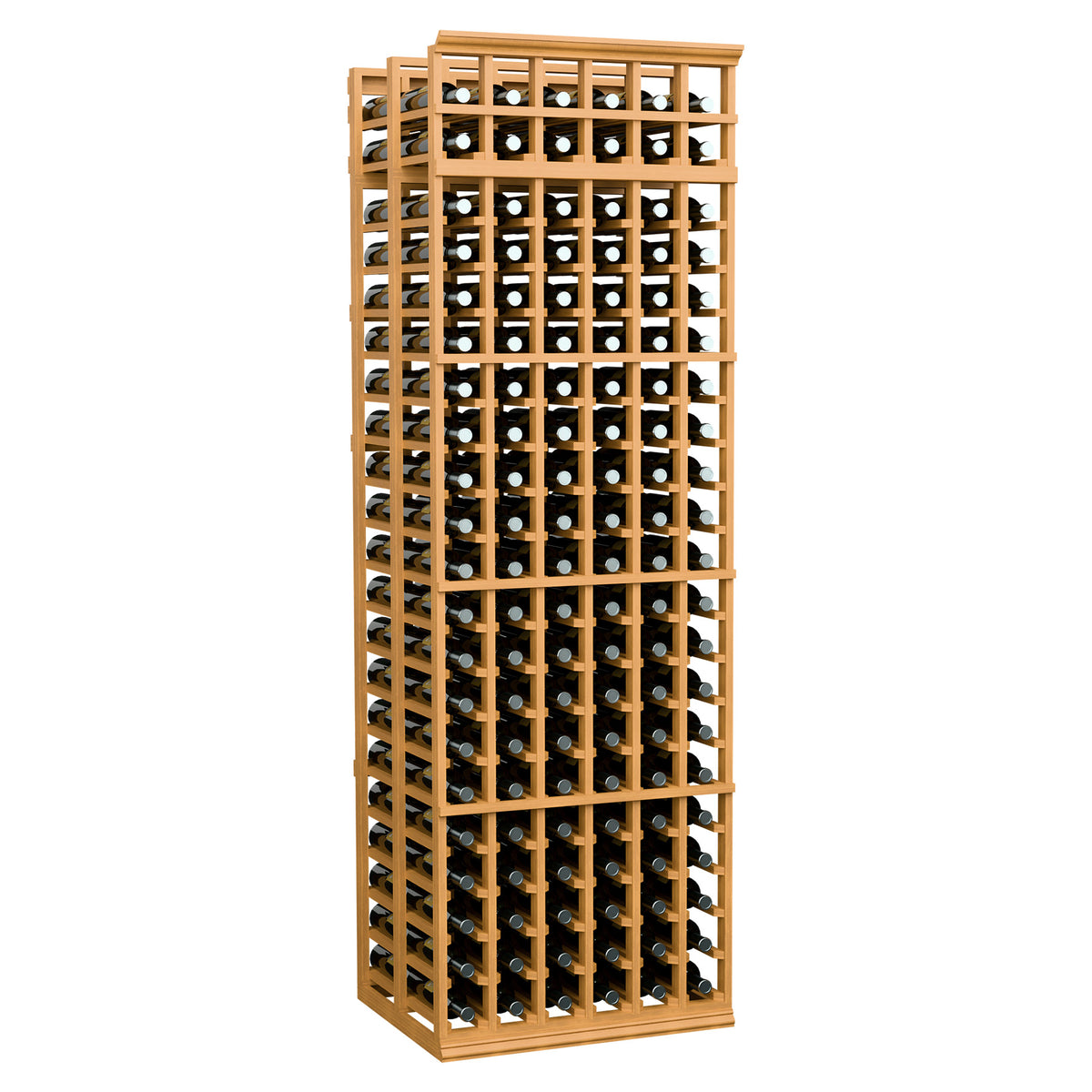 6-column double-deep wine rack with dark bottle slots and light honey wood frame