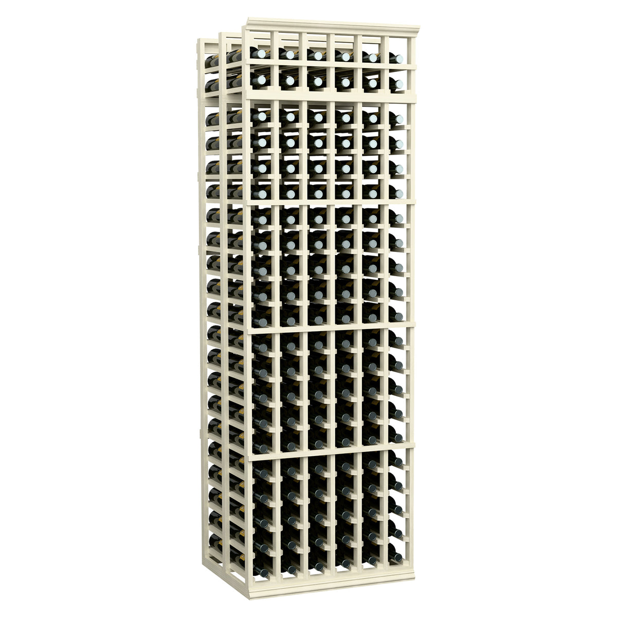 6-column double-deep wine rack with black bottle slots and whitewashed wood frame