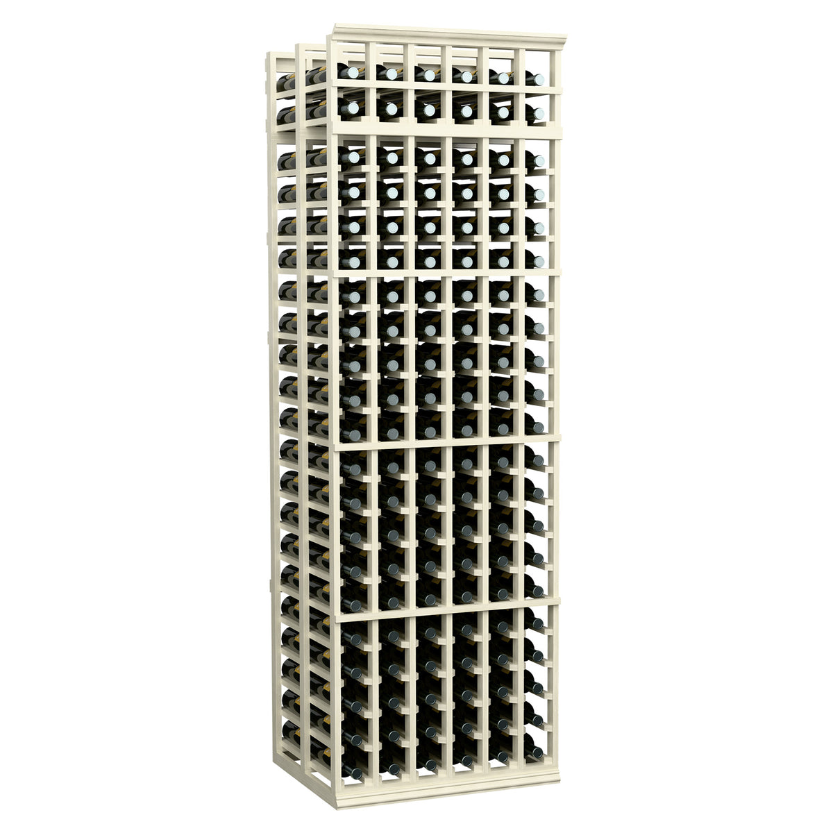 6-column double-deep wine rack with black bottle slots and whitewashed wood frame