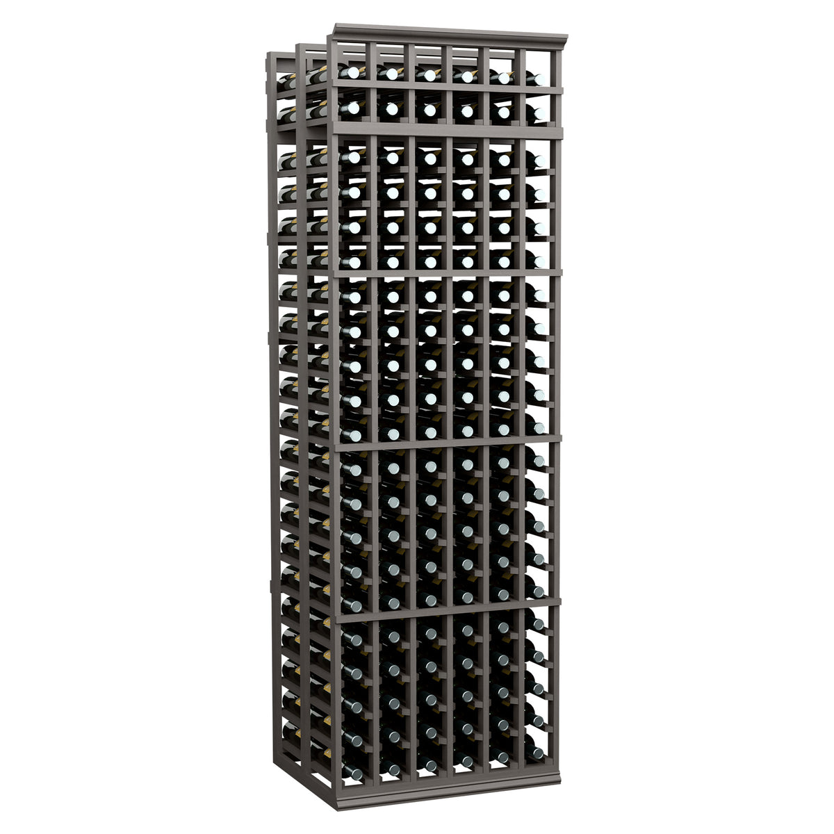 Wine bottle rack with black frame and grid shelves for multiple bottles