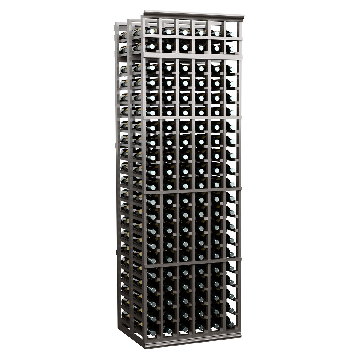Wine bottle rack with light gray frame and grid shelves for multiple bottles