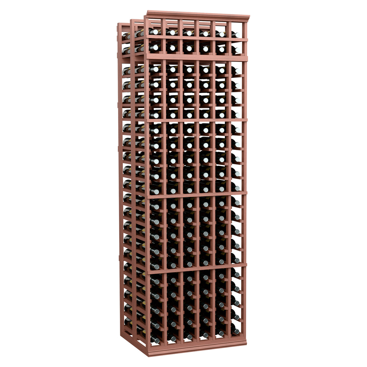Wine bottle rack with reddish-brown wooden frame and grid shelves for bottles