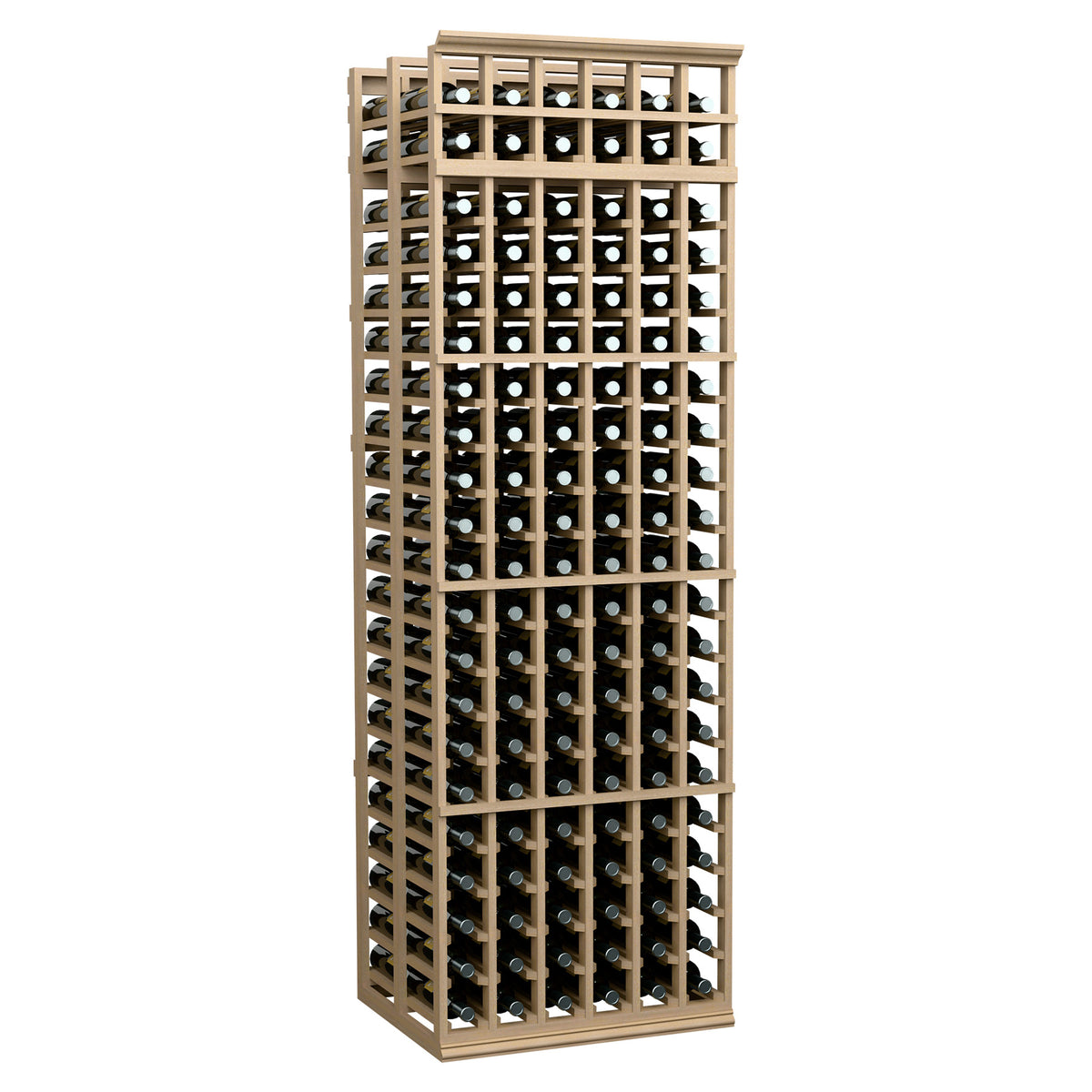 Wine bottle rack with light beige wooden frame and grid shelves for bottles