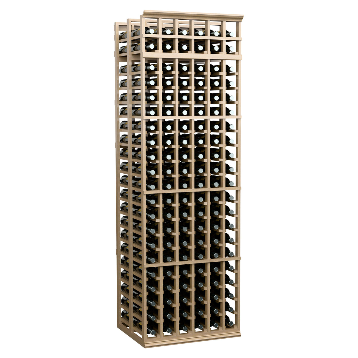 Wine bottle rack with pale wooden frame and grid shelves for multiple bottles