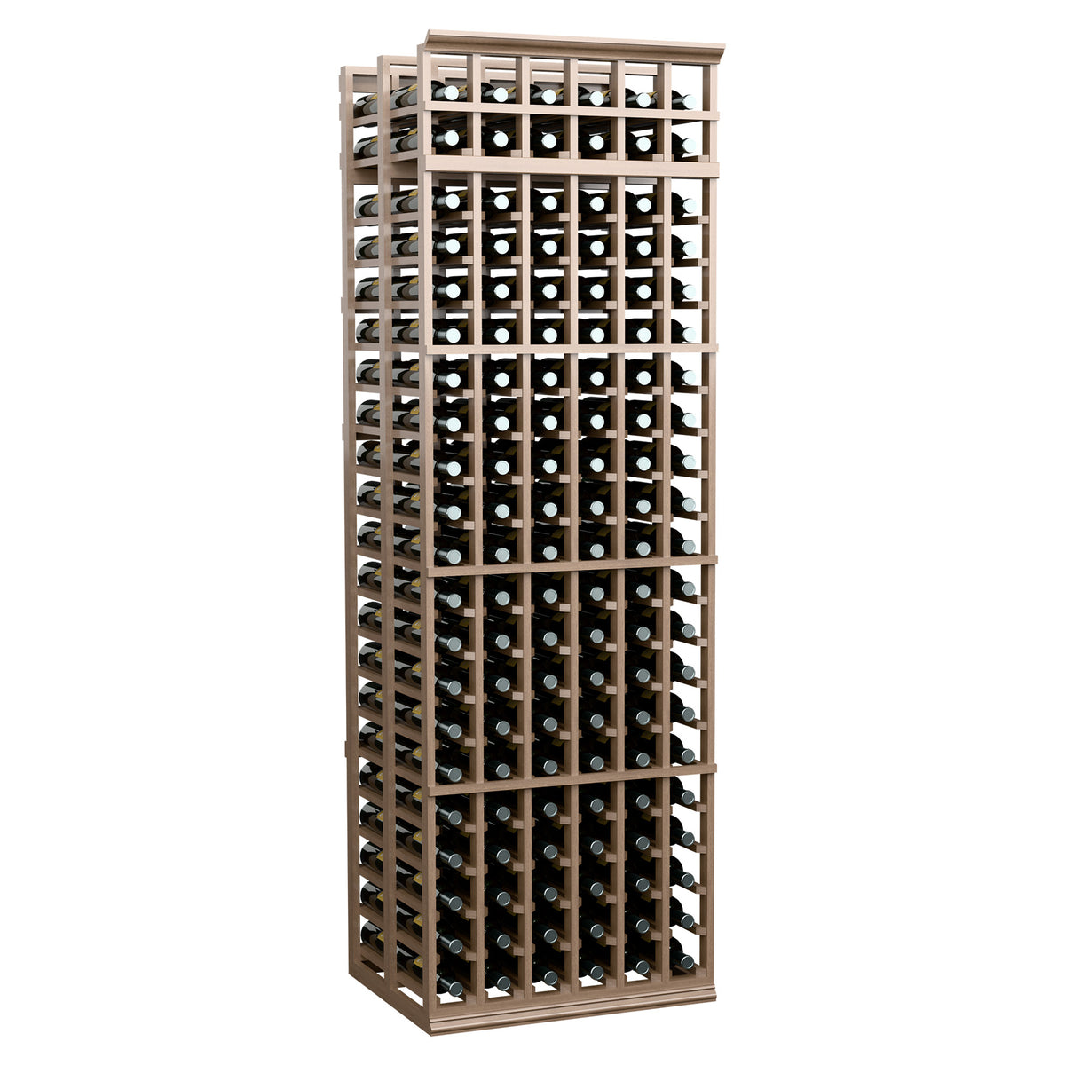 Wine bottle rack with light tan wooden frame and grid shelves for multiple bottles