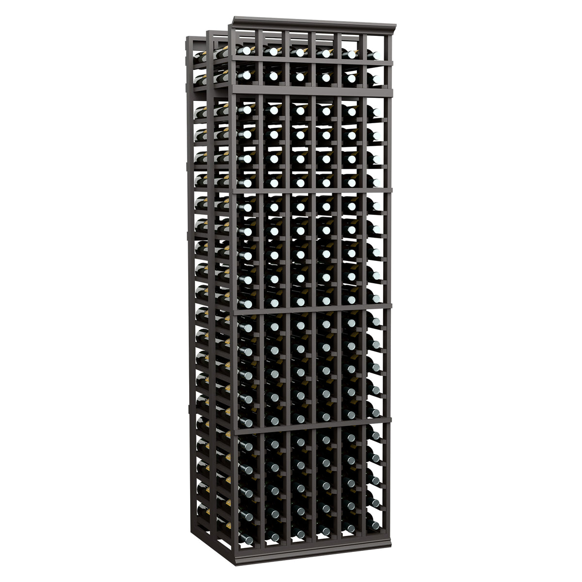Wine bottle rack with dark charcoal frame and grid shelves for multiple bottles