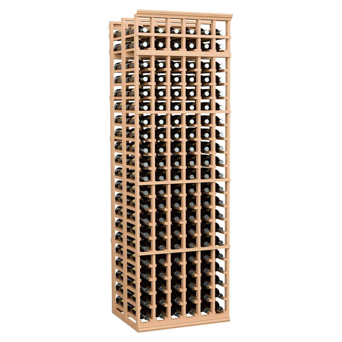 6-column double deep wine rack with light wood frame and bottle slots