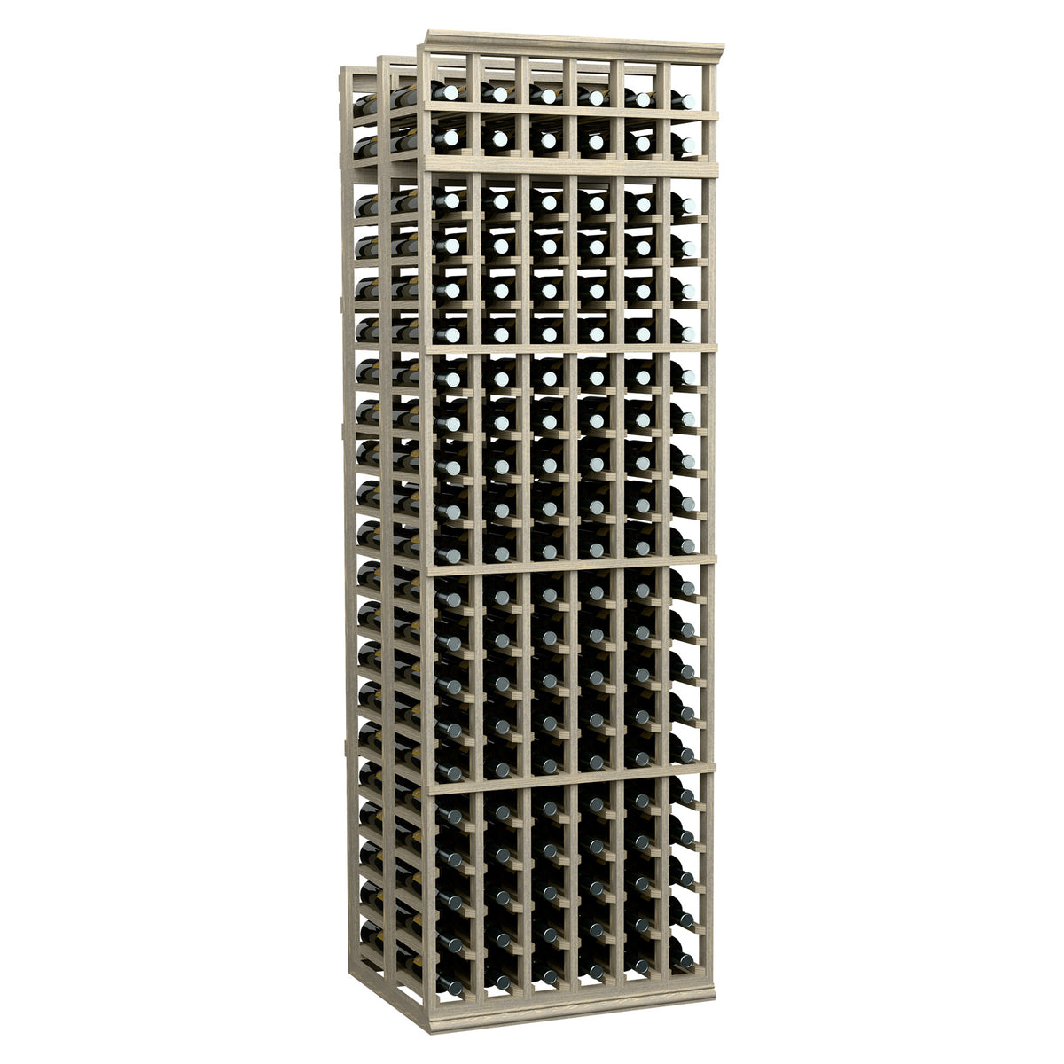 Wood wine bottle rack with open front grid, holds multiple bottles, light grey frame