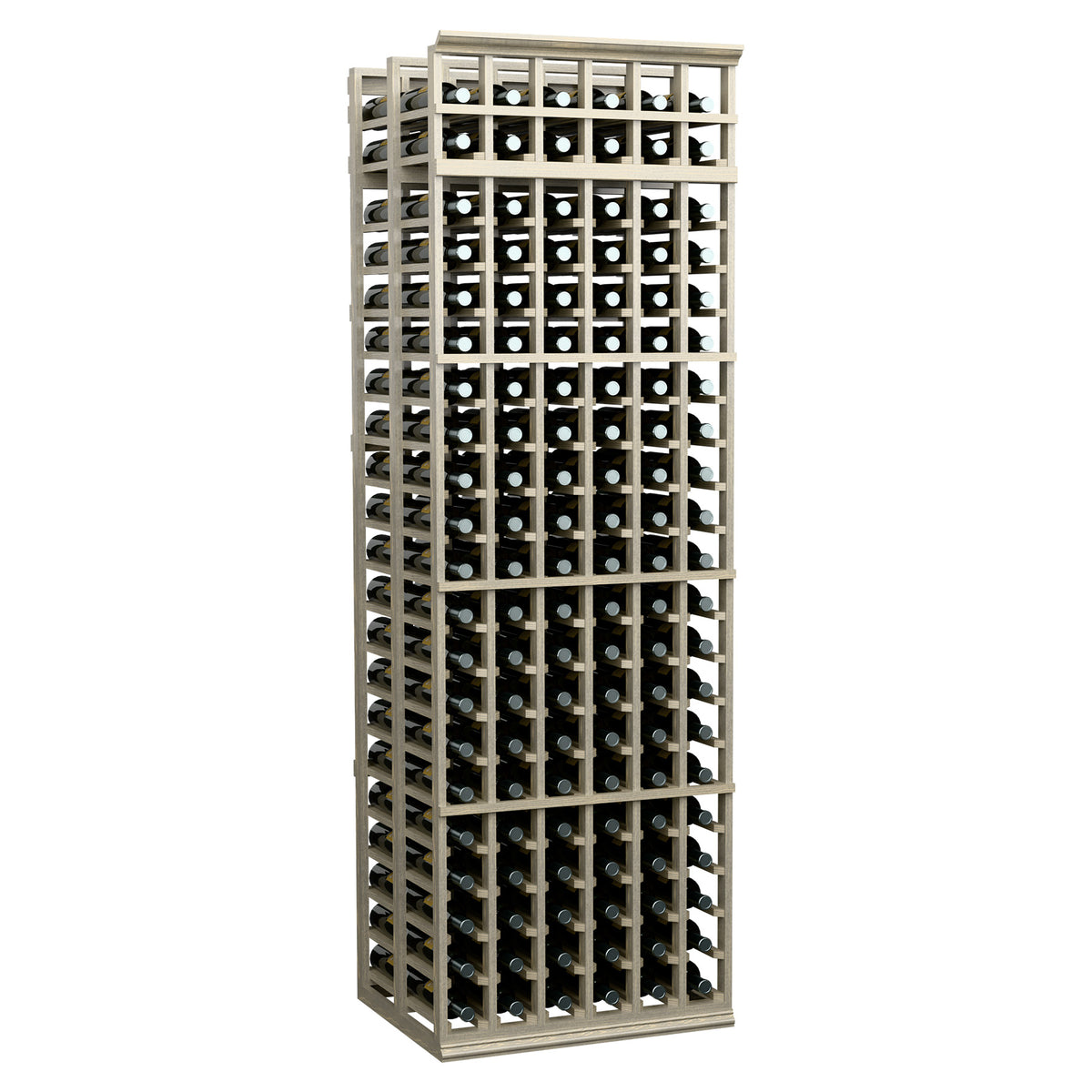 Freestanding wine storage rack with bottle grid compartments, light grey frame and black inserts