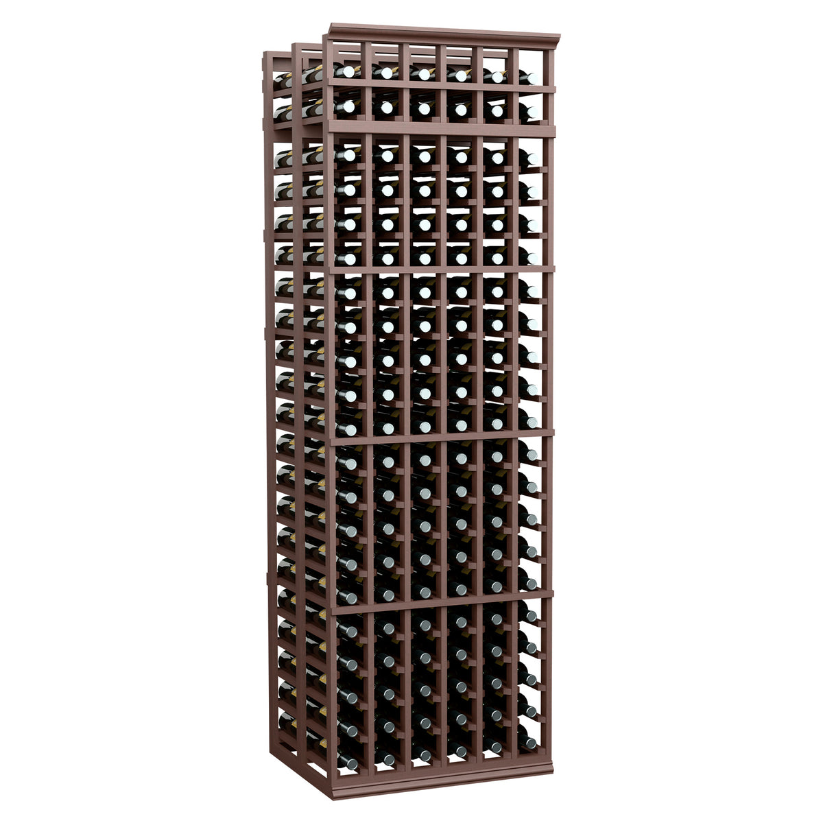 Tall wine bottle storage rack with grid compartments, dark brown wood frame