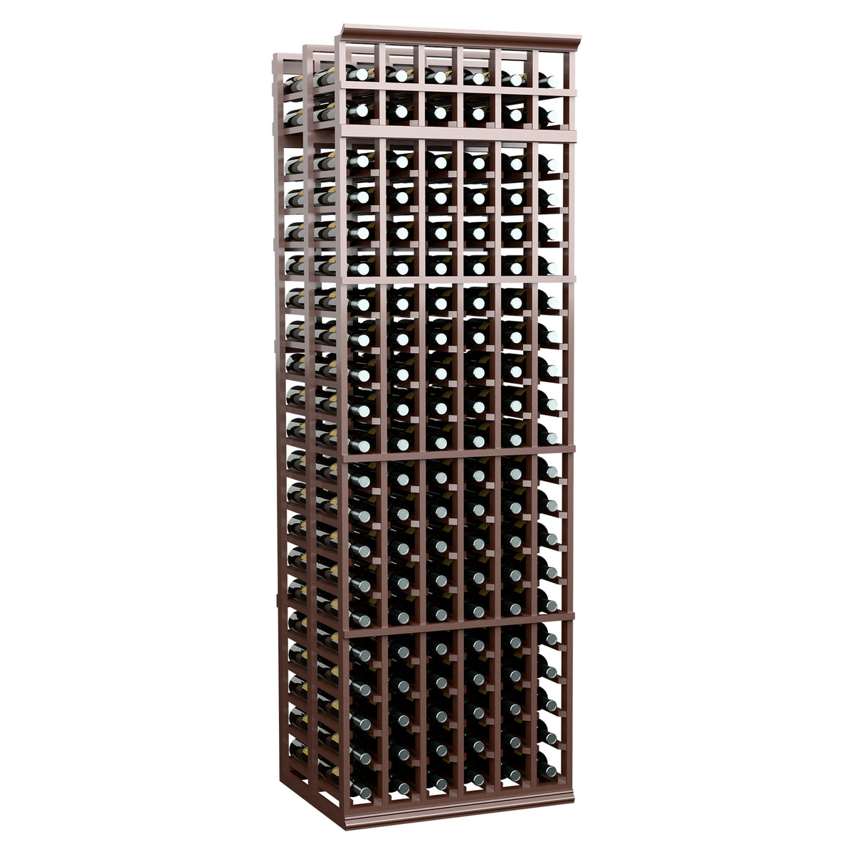 Freestanding double wine rack with open bottle slots, dark brown wood frame
