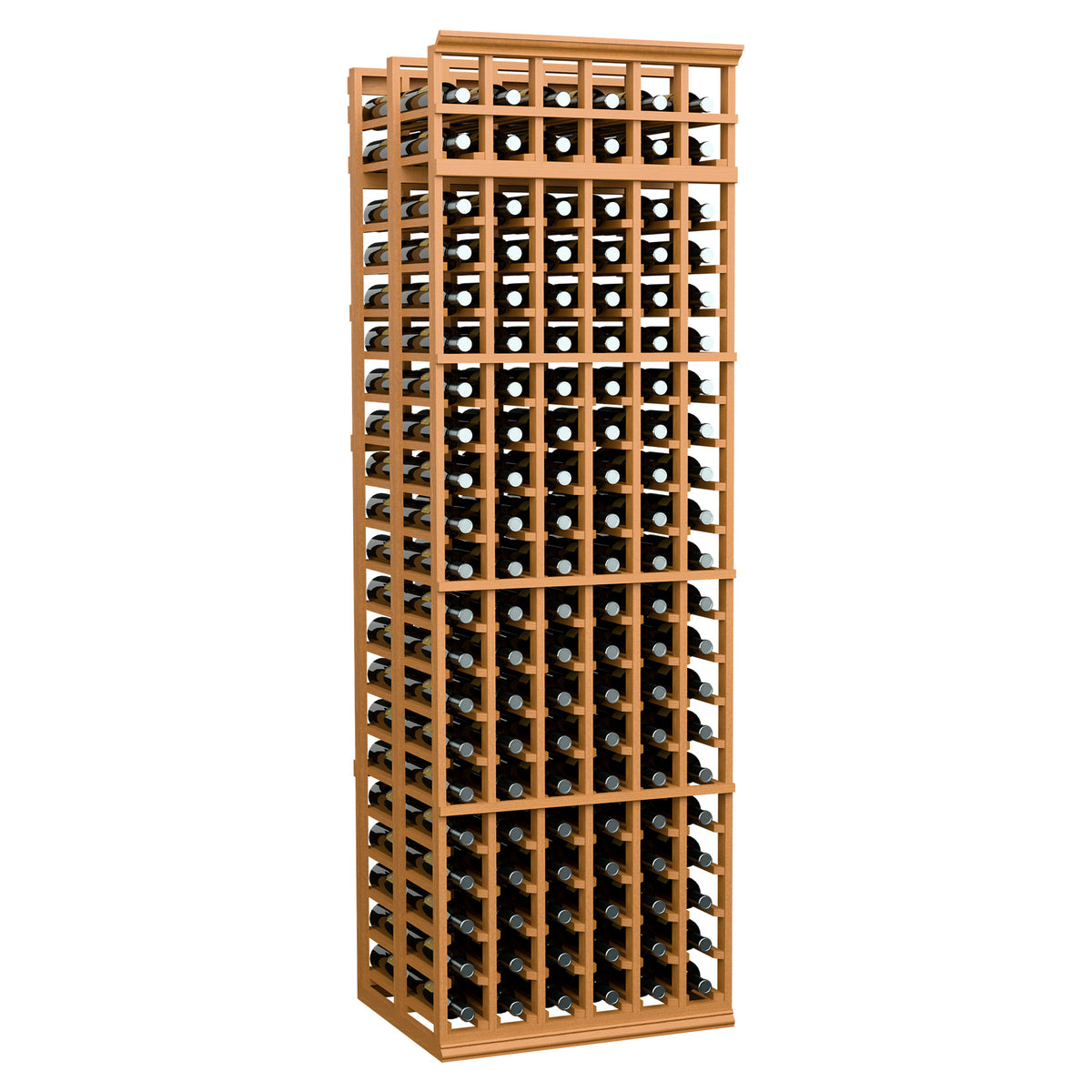 Natural wood wine bottle rack with open grid holders, warm honey frame