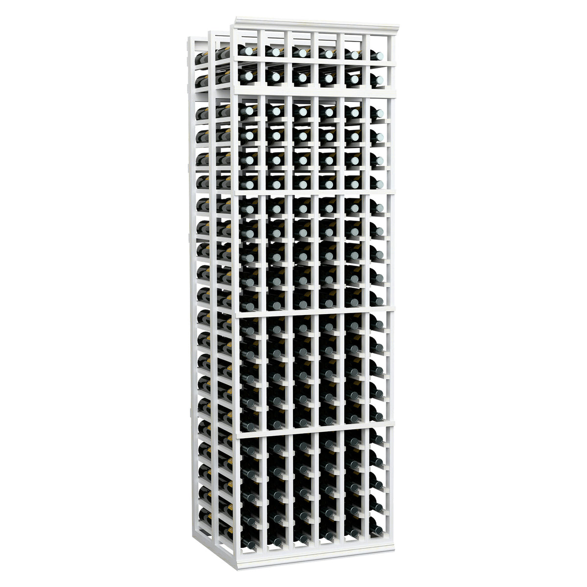 White-finish wood wine rack with open bottle grid compartments, black bottle bays