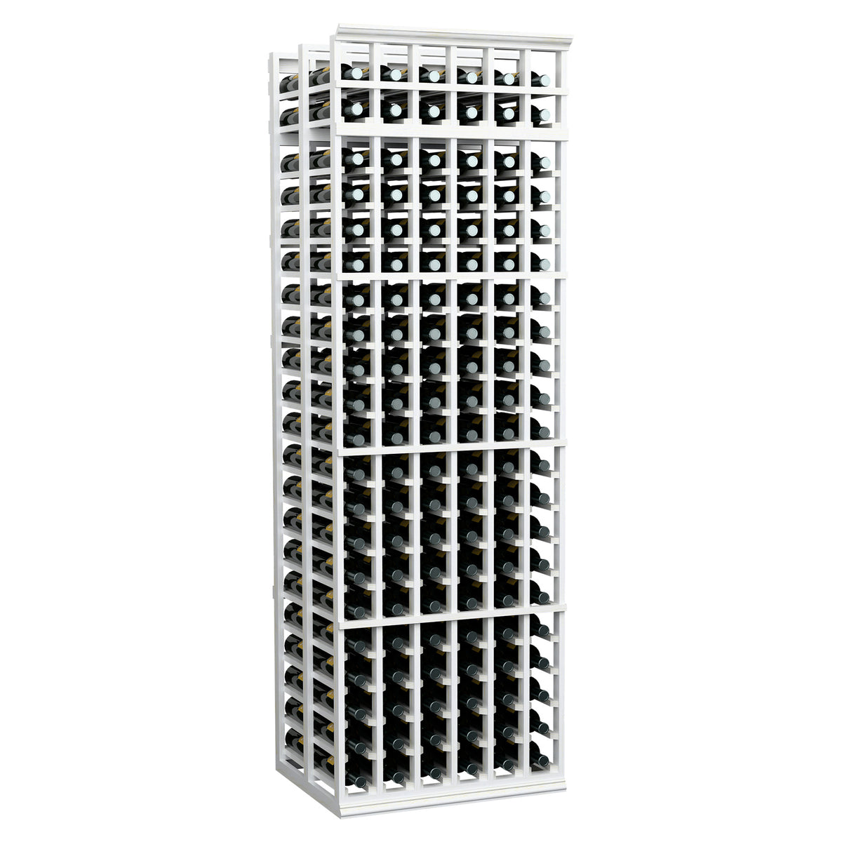 6-column double-deep wine bottle rack with white metal frame and bottle slots