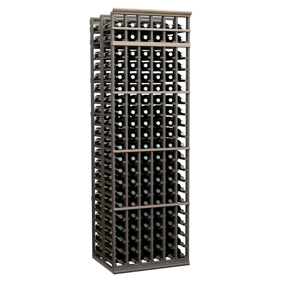 Dark-stained wood wine rack with open bottle grid, multiple compartments