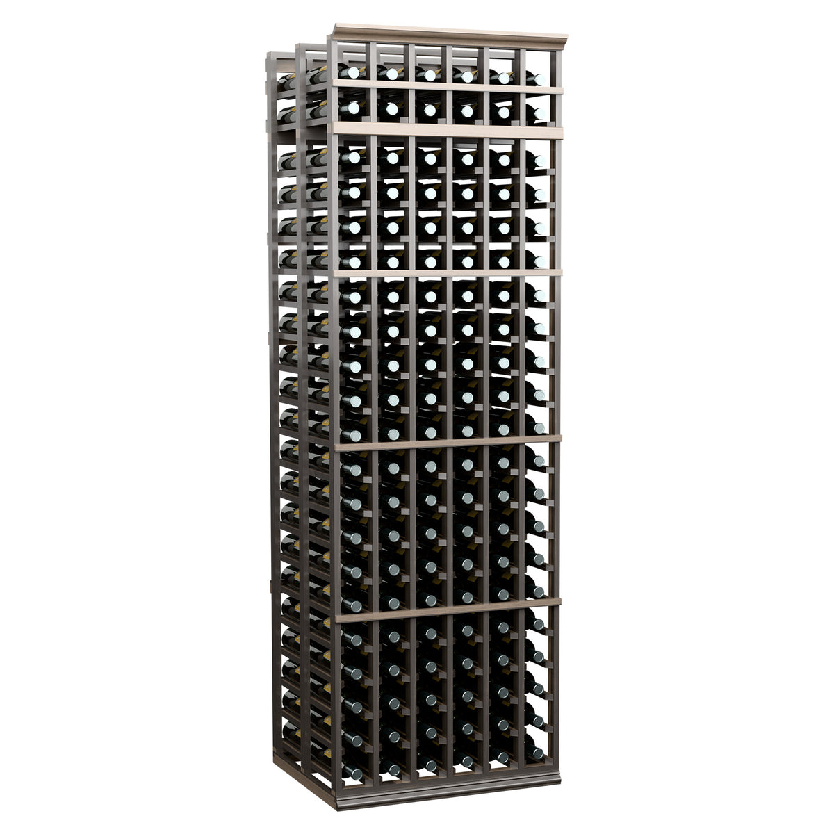 Wine bottle storage rack, dark wood with open grid shelves and round bottle openings