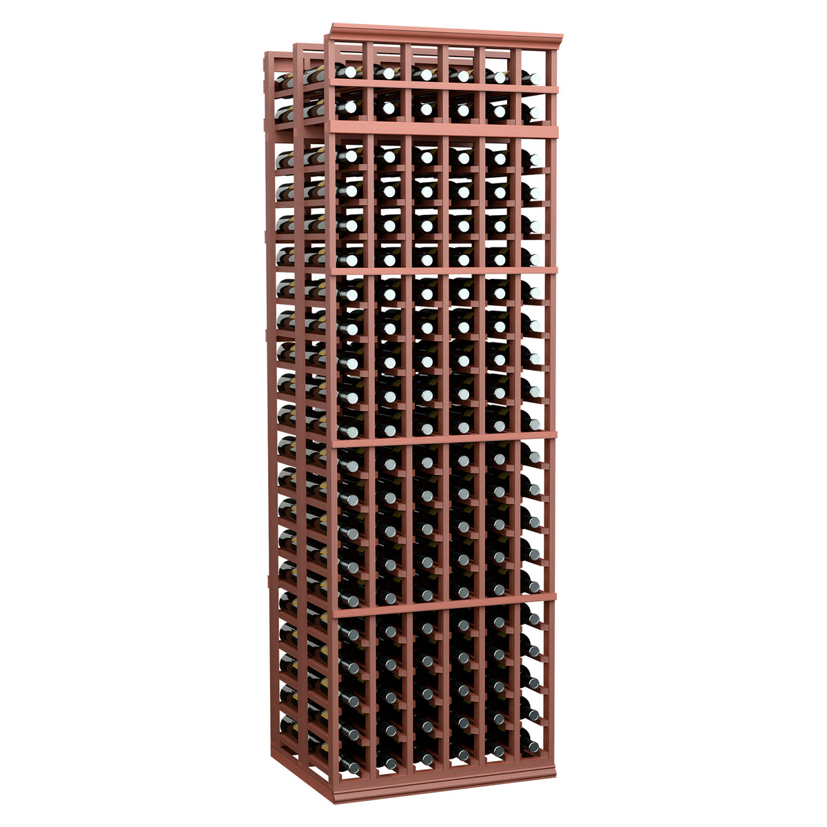 Wine bottle storage rack, reddish-brown wood with open grid shelves and round bottle openings