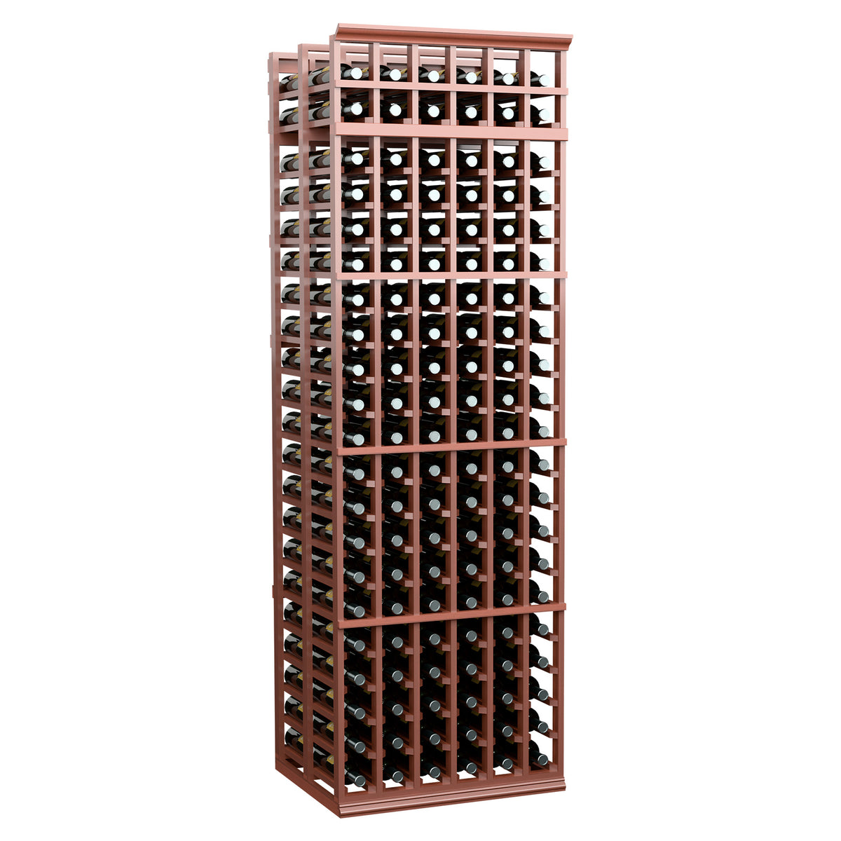 Wine bottle storage rack, warm medium-brown wood with open grid shelves and round bottle openings