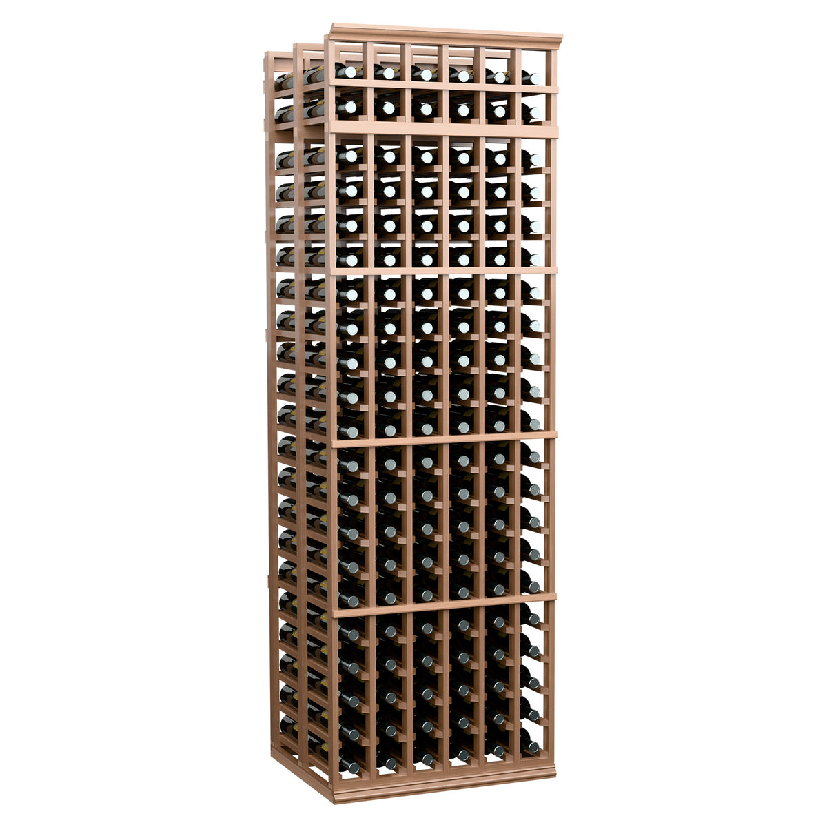 Wine bottle storage rack, tan wood with open grid shelves and round bottle openings