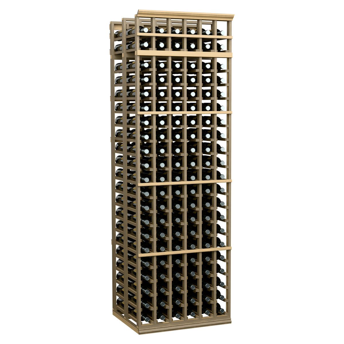 Wine bottle storage rack, light blond wood with open grid shelves and round bottle openings