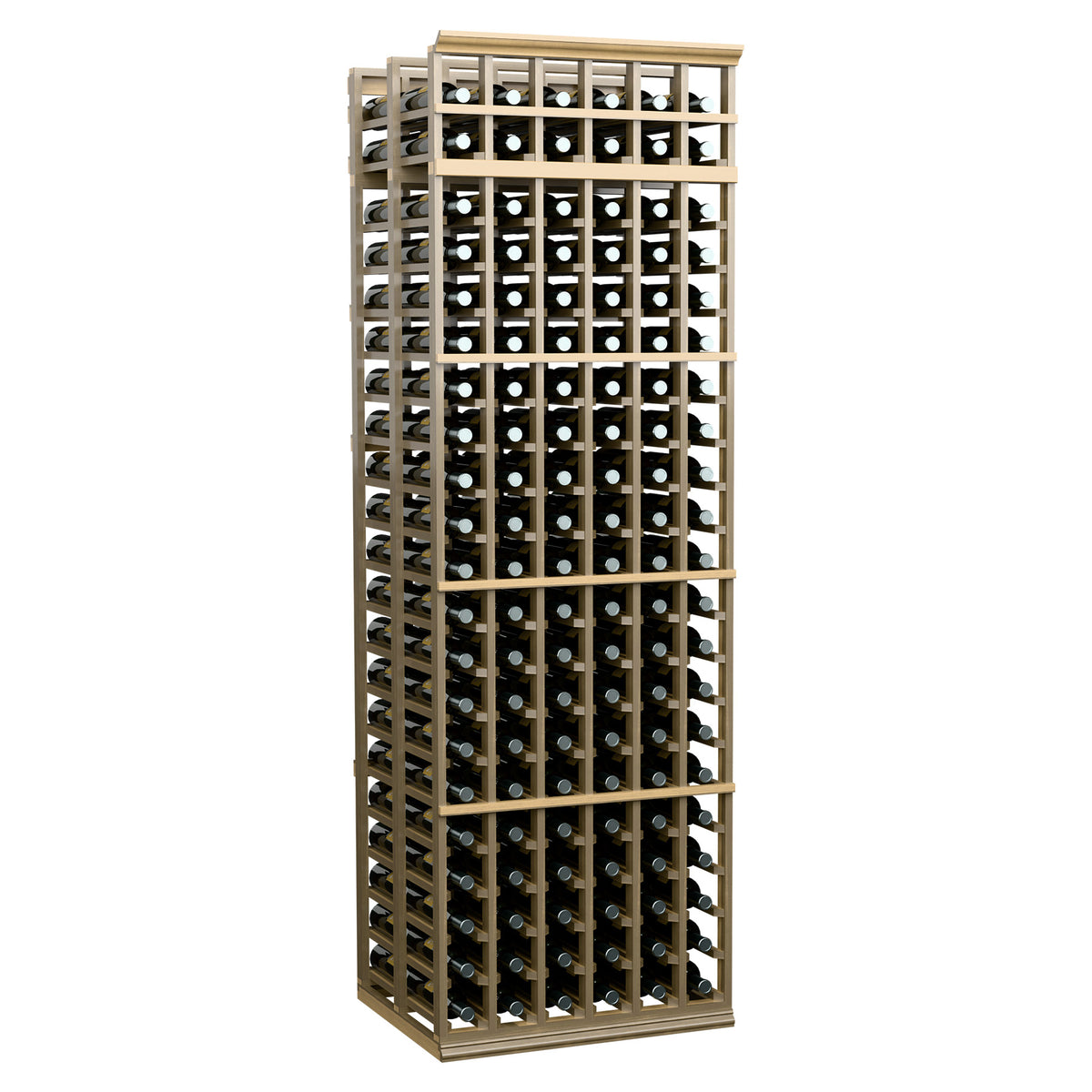 Wine bottle storage rack, pale wood with open grid shelves and round bottle openings