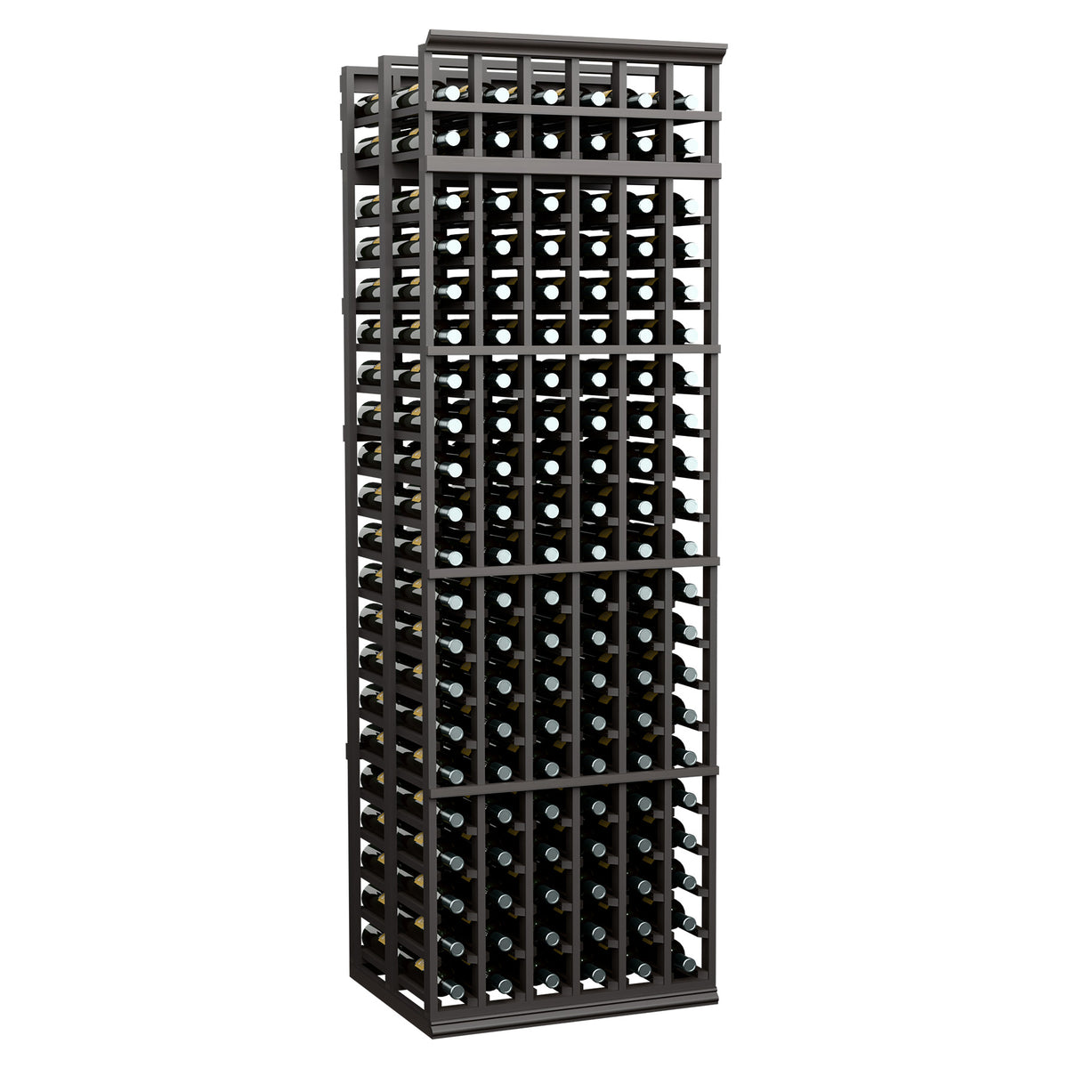 Wine bottle storage rack, dark charcoal wood with open grid shelves and round bottle openings