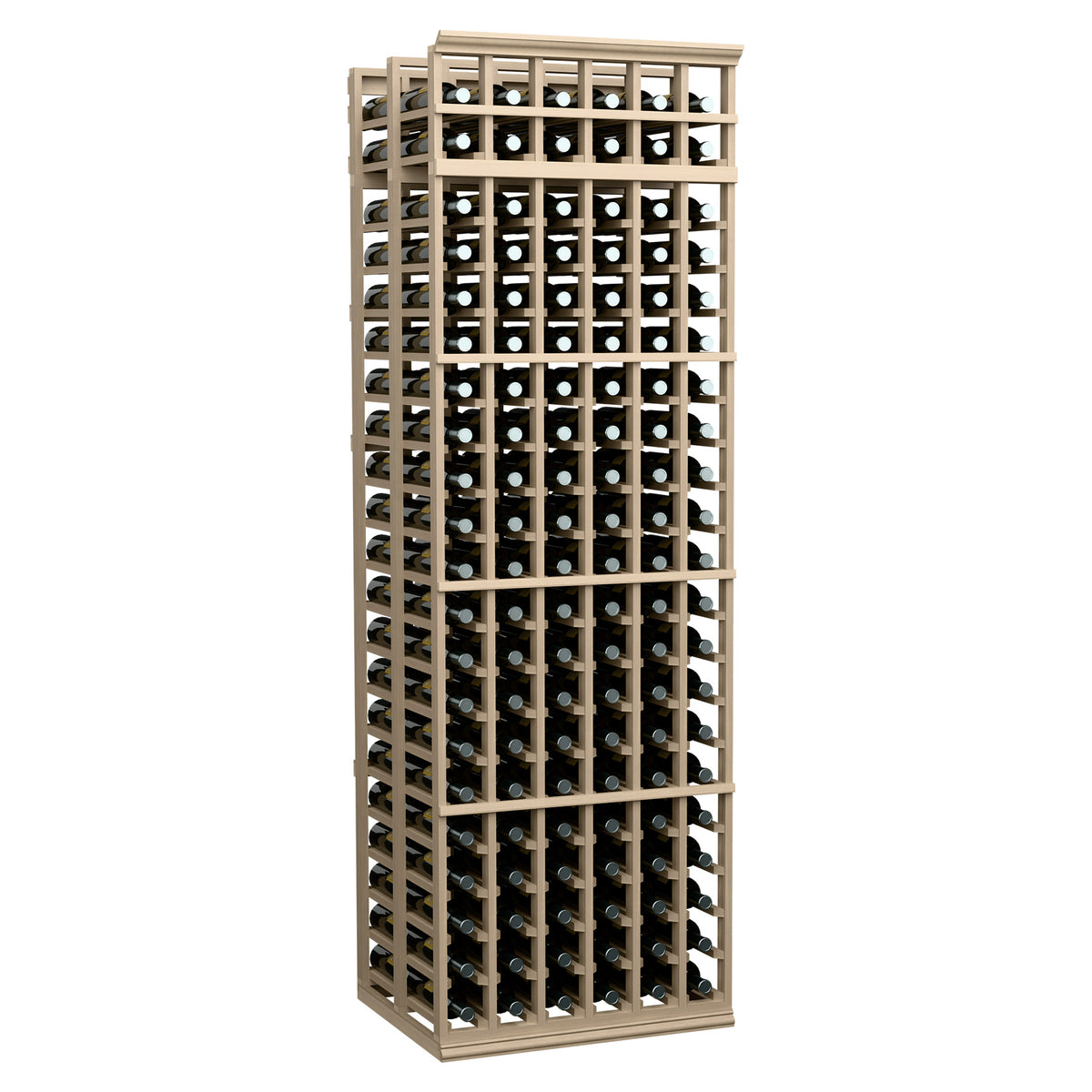 Wine bottle storage rack, natural light wood with open grid shelves and round bottle openings